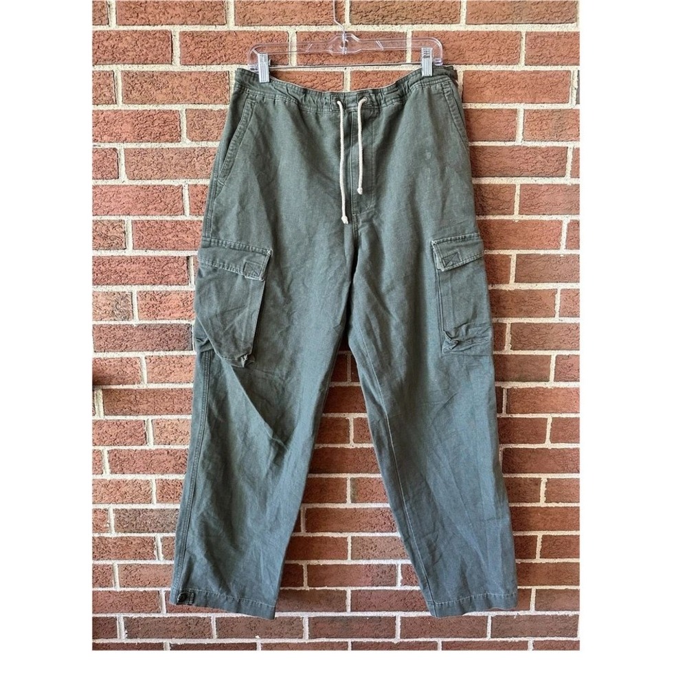 Vintage Structure Mens Cargo Pants Olive Green Elastic Waist Cotton Medium L32